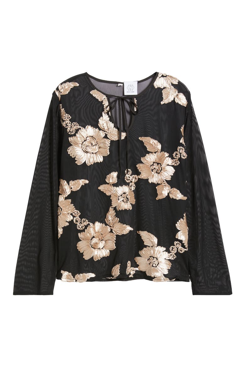 Frea Floral Tie Neck Top, Alternate, color, BLACK