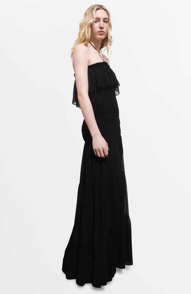 MANGO Ruffle Tiered Halter Maxi Dress, Alternate, color, Black