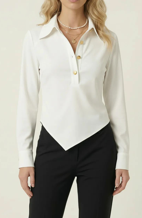 Collared Button Front Blouse with Asymmetrical Hem