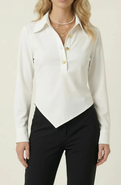 Modenaire Collared Button Front Blouse with Asymmetrical Hem