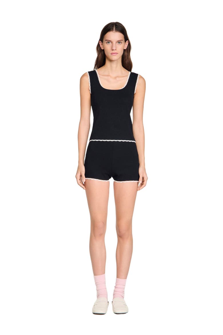 Beaded embroidered cotton vest top, Alternate, color, Black