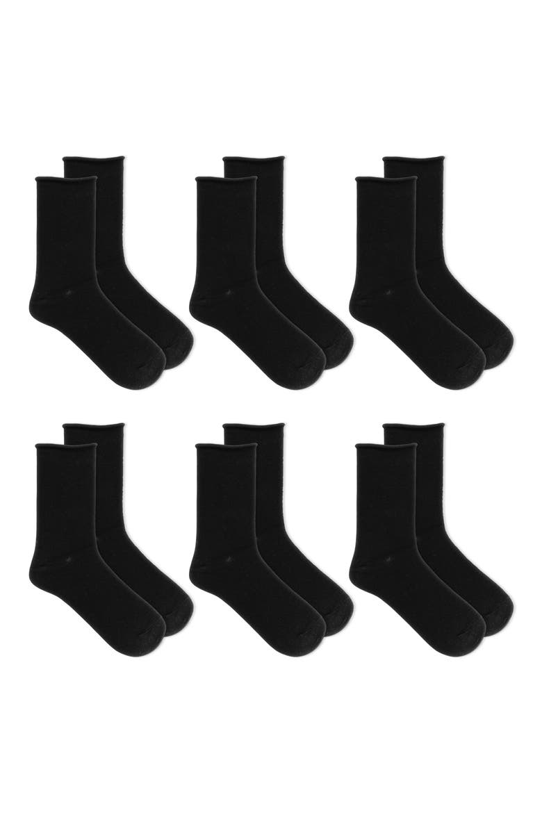 6-Pack Relaxed Roll Top Socks, Main, color, BLACK