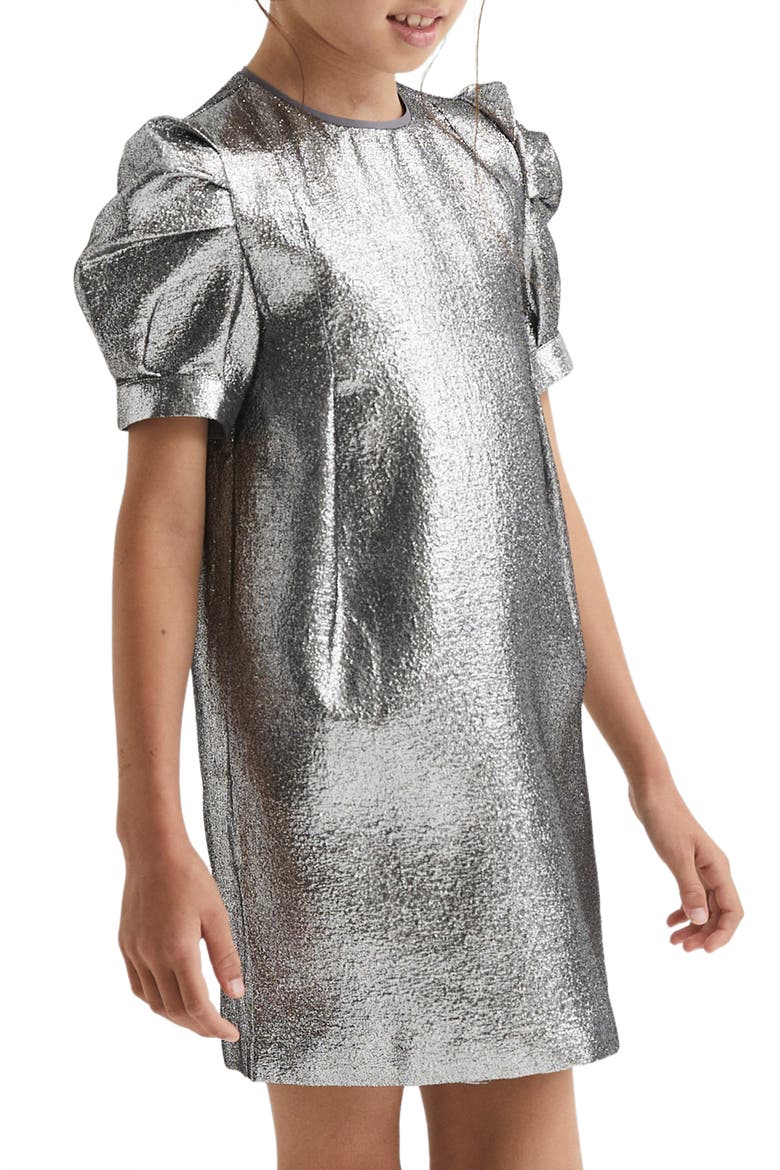Kids' Ellie Puff Sleeve Metallic Dress, Alternate, color, SILVER