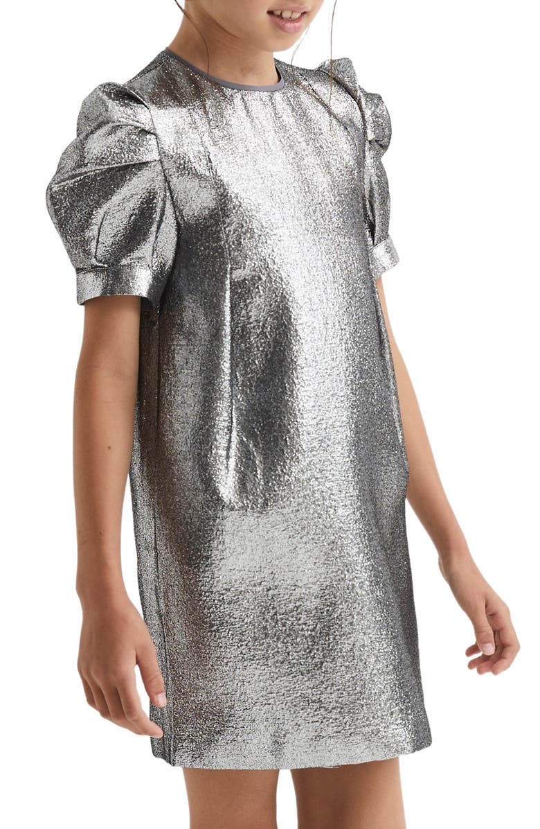 Reiss Kids' Ellie Puff Sleeve Metallic Dress, Alternate, color, 
