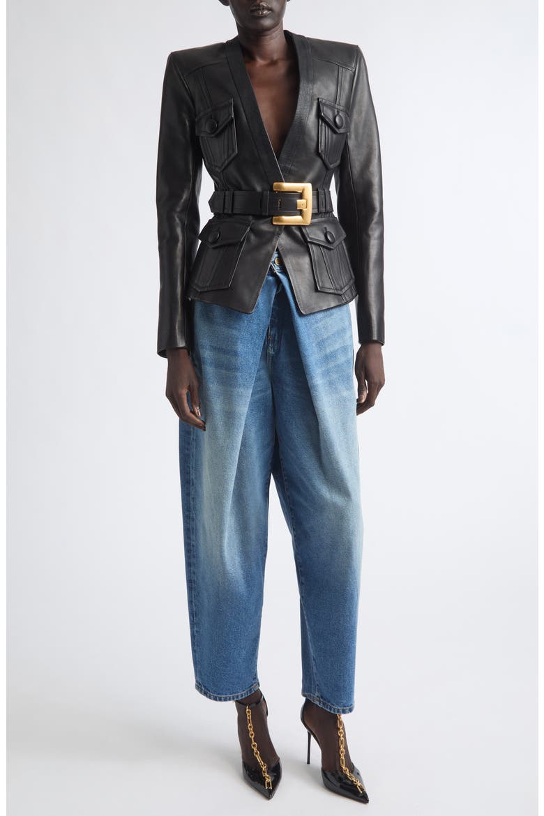 Belted Leather Jacket, Alternate, color, 0PA BLACK