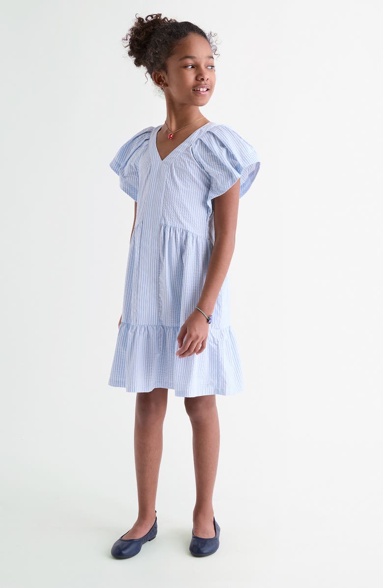 vineyard vines Kids' Sophie Harbor Flutter Sleeve Seersucker UPF 30+ Sundress, Alternate, color, Seersucker-Jake Blue