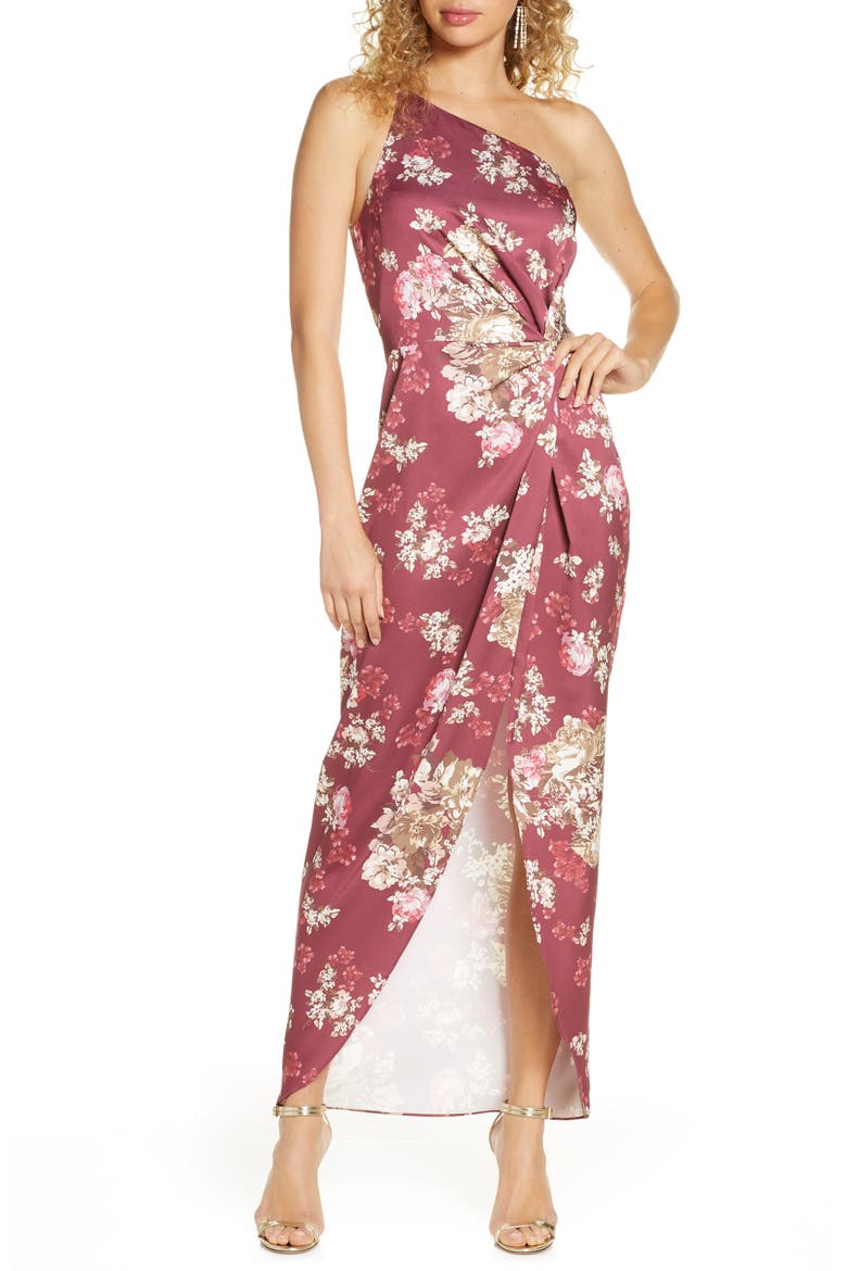 The Lainey Floral One-Shoulder Twist Gown, Main, color, CABERNET FLORAL