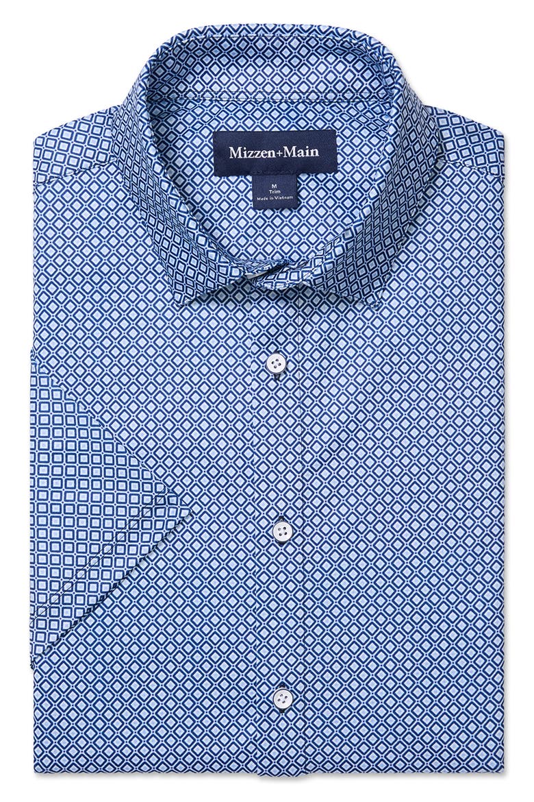 Halyard Trim Fit Diamond Short Sleeve Performance Button-Up Shirt, Alternate, color, NAVY ENLARGED DIAMOND