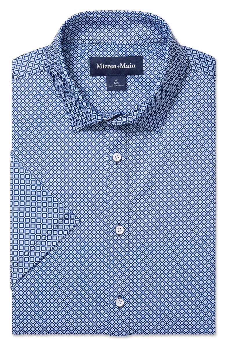Mizzen+Main Halyard Trim Fit Diamond Short Sleeve Performance Button-Up Shirt, Alternate, color, Navy Enlarged Diamond