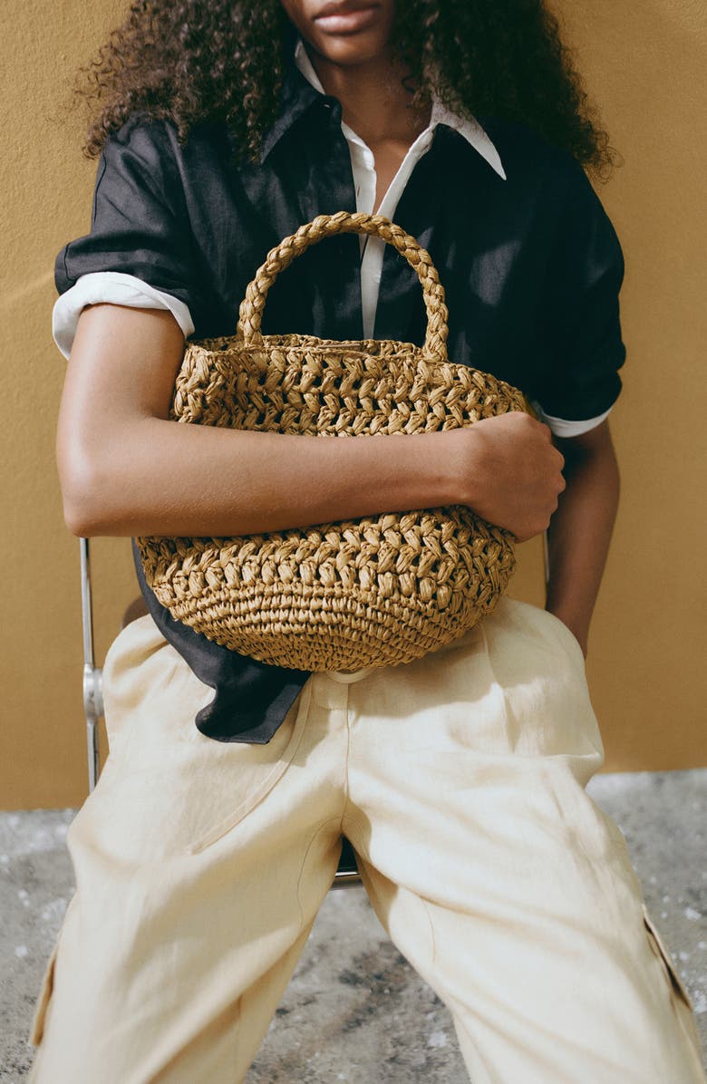 MANGO Woven Paper Basket Bag, Alternate, color, Brown/ Olive Green