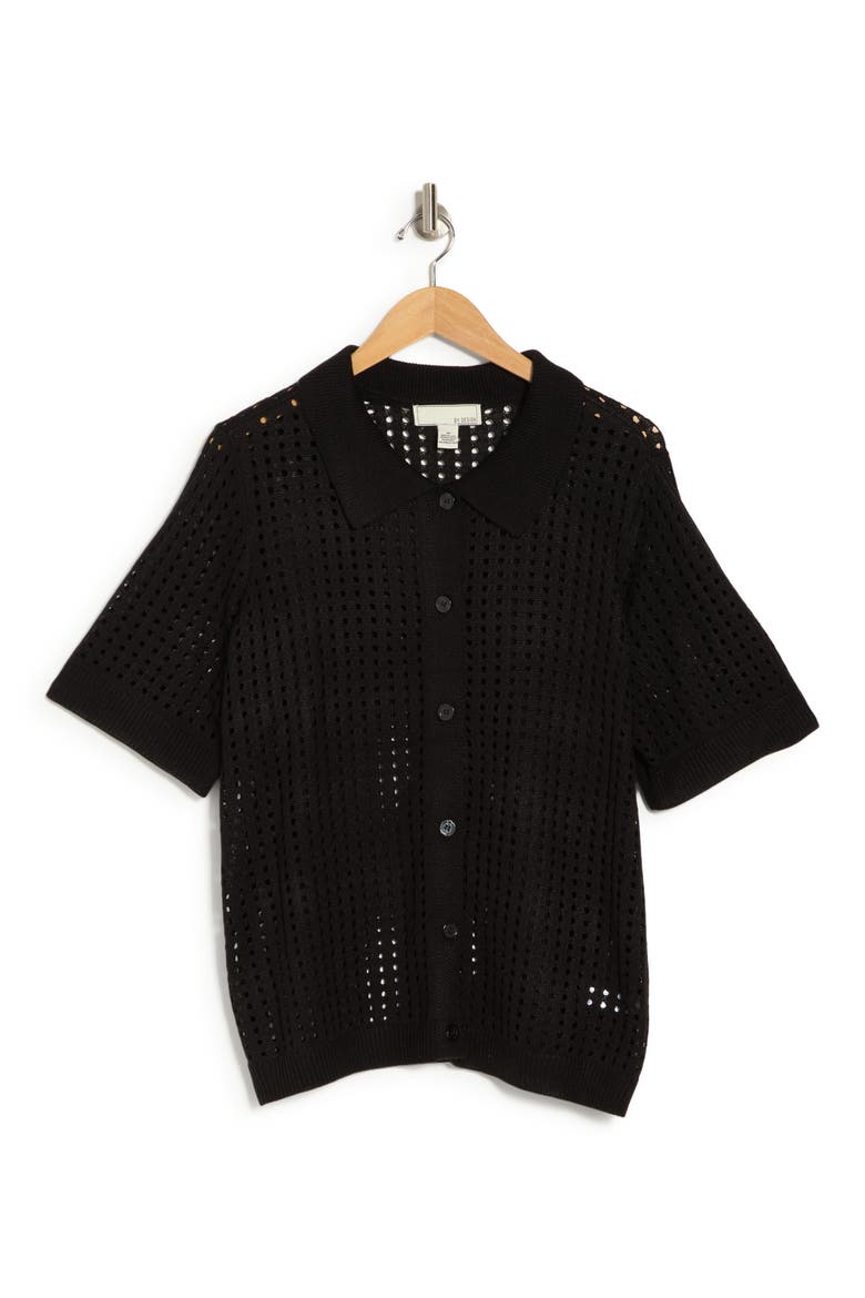 Zena Openwork Button-Up Shirt, Alternate, color, BLACK