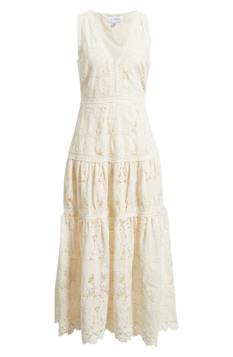 Lucy Paris Francia Embroidered Lace Midi Dress, Alternate, color, Cream