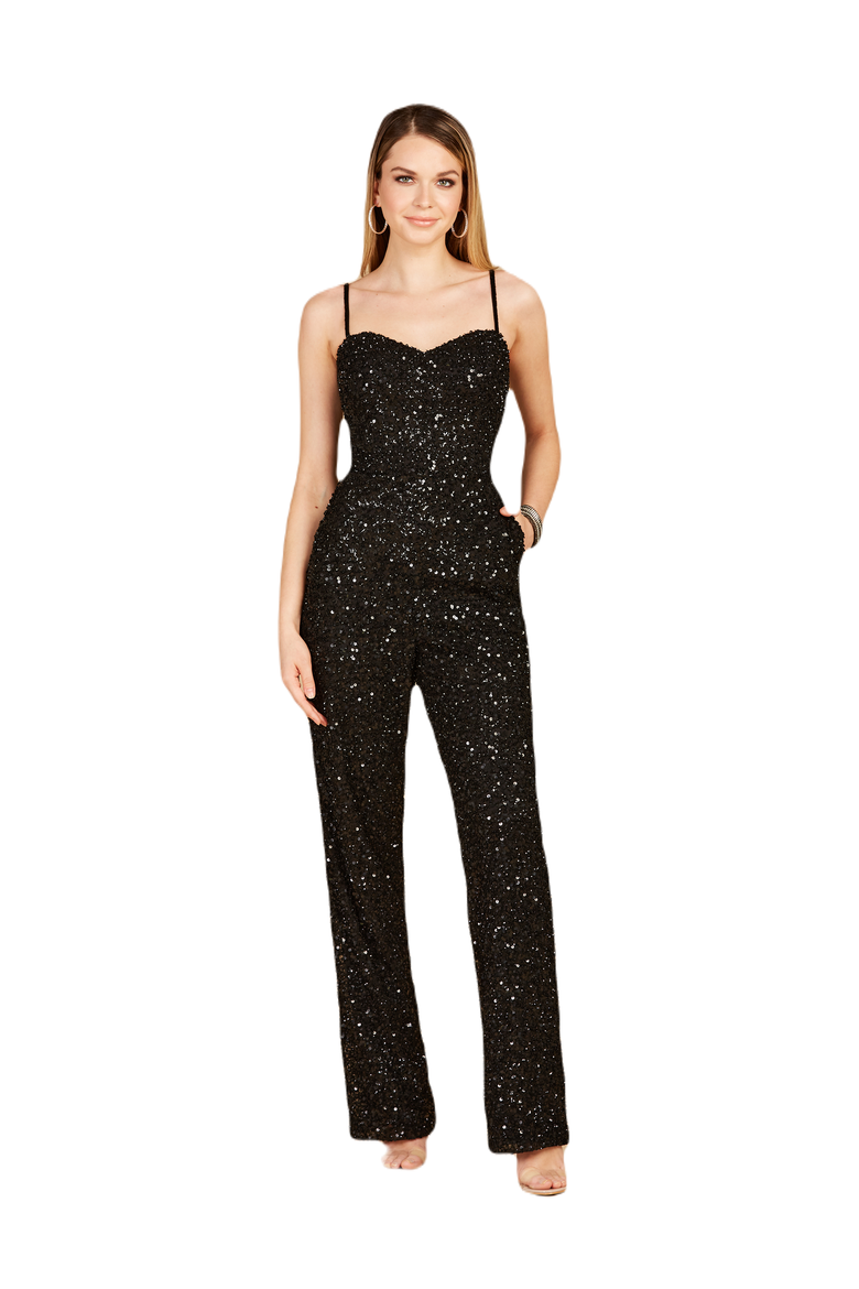 Beaded Spaghetti Strap Jumpsuit, Main, color, Black