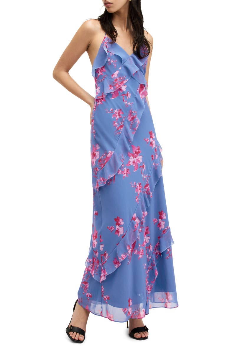 AllSaints Marina Iona Floral Halter Maxi Dress, Alternate, color, Neon Pink