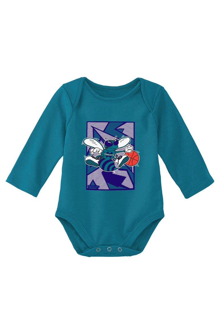 Infant Mitchell & Ness Purple/Teal Charlotte Hornets Hardwood Classics Bodysuits & Cuffed Knit Hat Set, Alternate, color, Purple