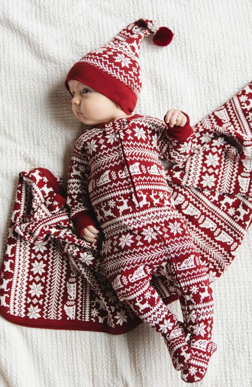 L'ovedbaby Holiday Print Fitted One-piece Organic Cotton Footie Pajamas & Hat Set