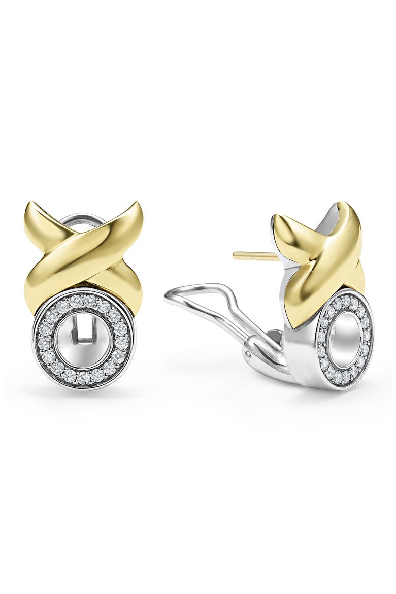 Embrace XO Pavé Diamond Omega Earrings, Alternate, color, GOLD/ SILVER