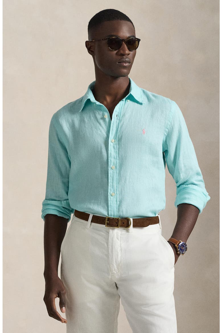 Classic Fit Linen Button-Down Shirt, Alternate, color, NEW AQUA