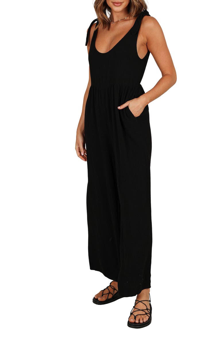 Ayla Tie Shoulder Wide Leg Linen Jumpsuit, Alternate, color, BLACK