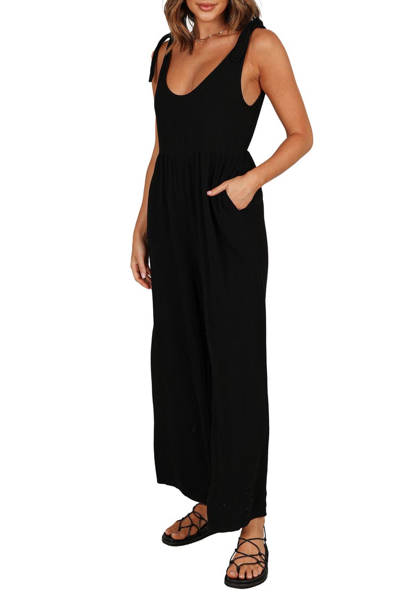 Petal & Pup Ayla Tie Shoulder Wide Leg Linen Jumpsuit, Alternate, color, Black