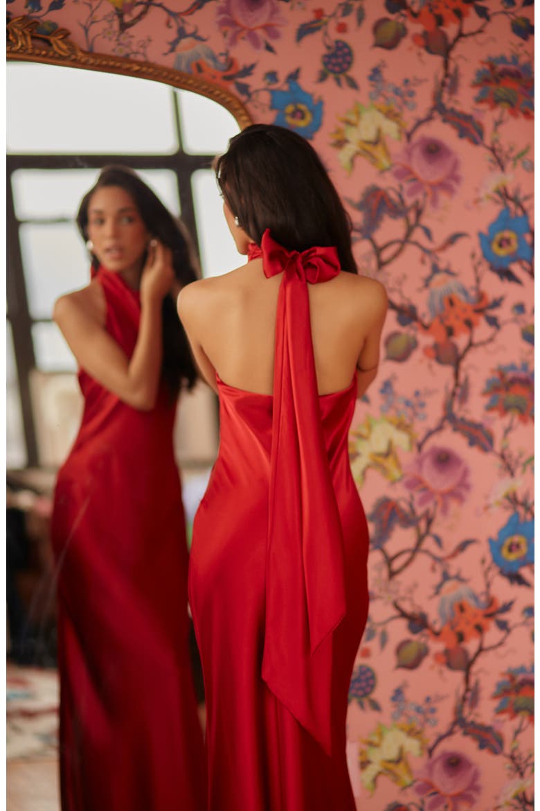 Halter Charmeuse Gown, Alternate, color, RED