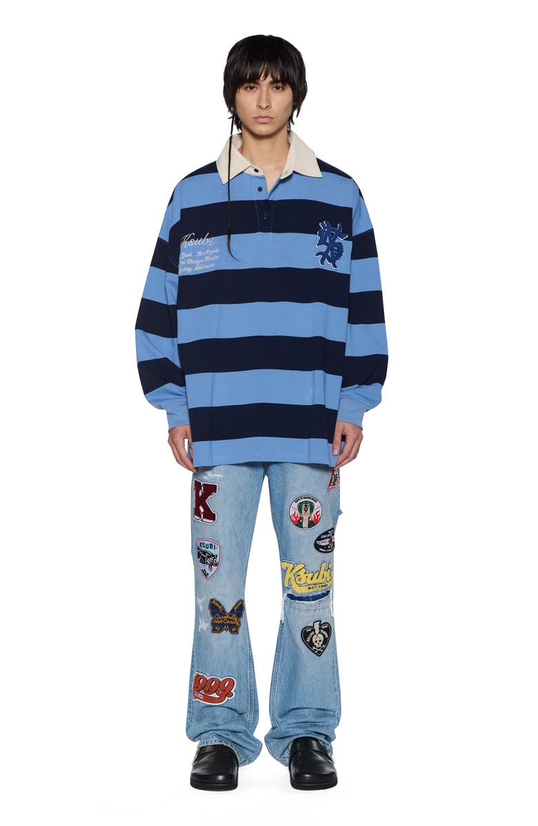 Ksubi Stripe Appliqué Cotton Rugby Shirt, Alternate, color, Light Blue