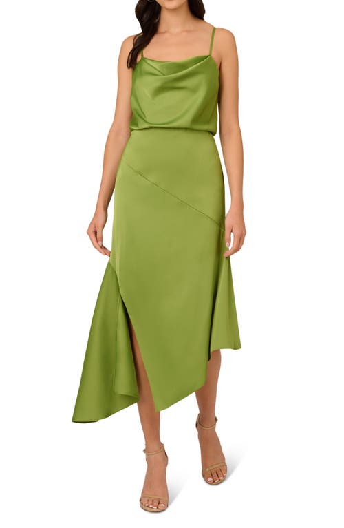 LIV FOSTER Asymmetric Satin Cocktail Midi Dress in Olive 