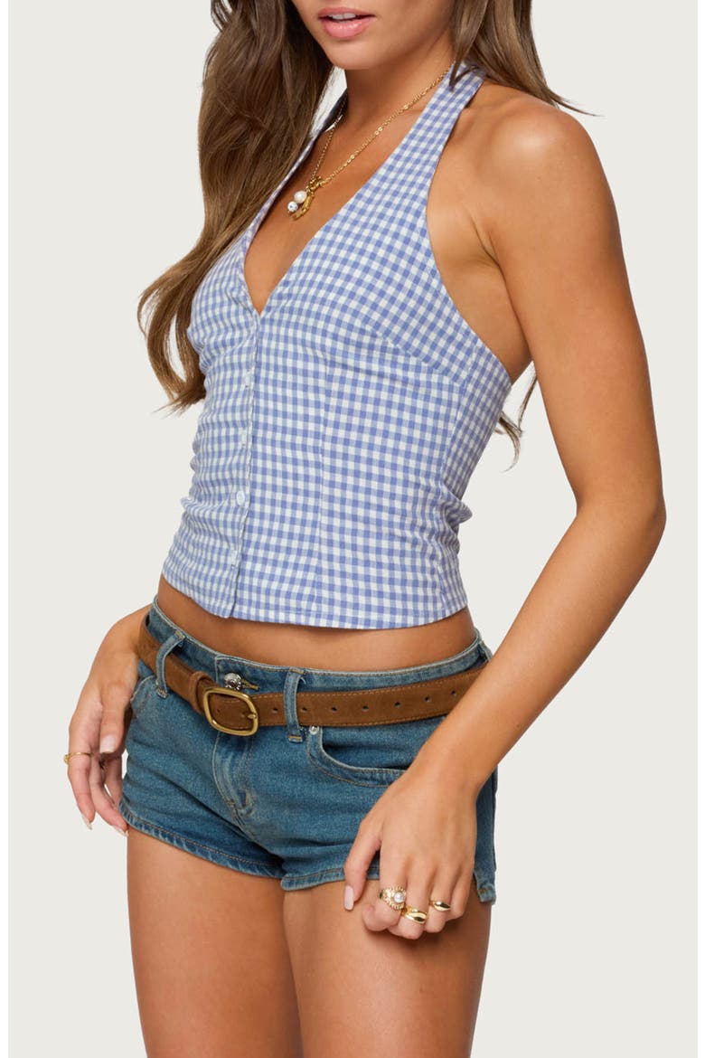 Evan Gingham Cotton Halter Top, Alternate, color, BLUE