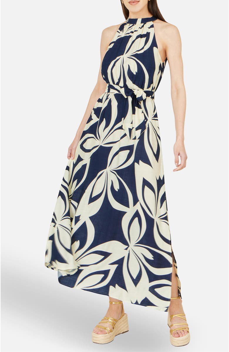 Yumi Geo Swirl Print Halter  Maxi Dress, Alternate, color, Navy