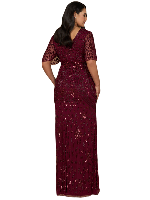 Lara New York V-neck, Cape Sleeve Beaded Gown In Wine