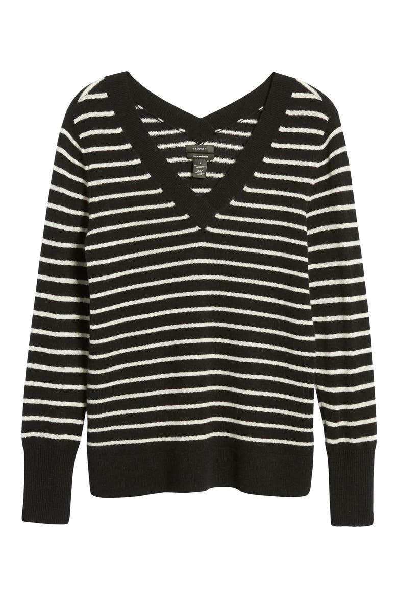 V-Neck Cashmere Sweater, Alternate, color, BLACK- IVORY UNEVEN STRIPE