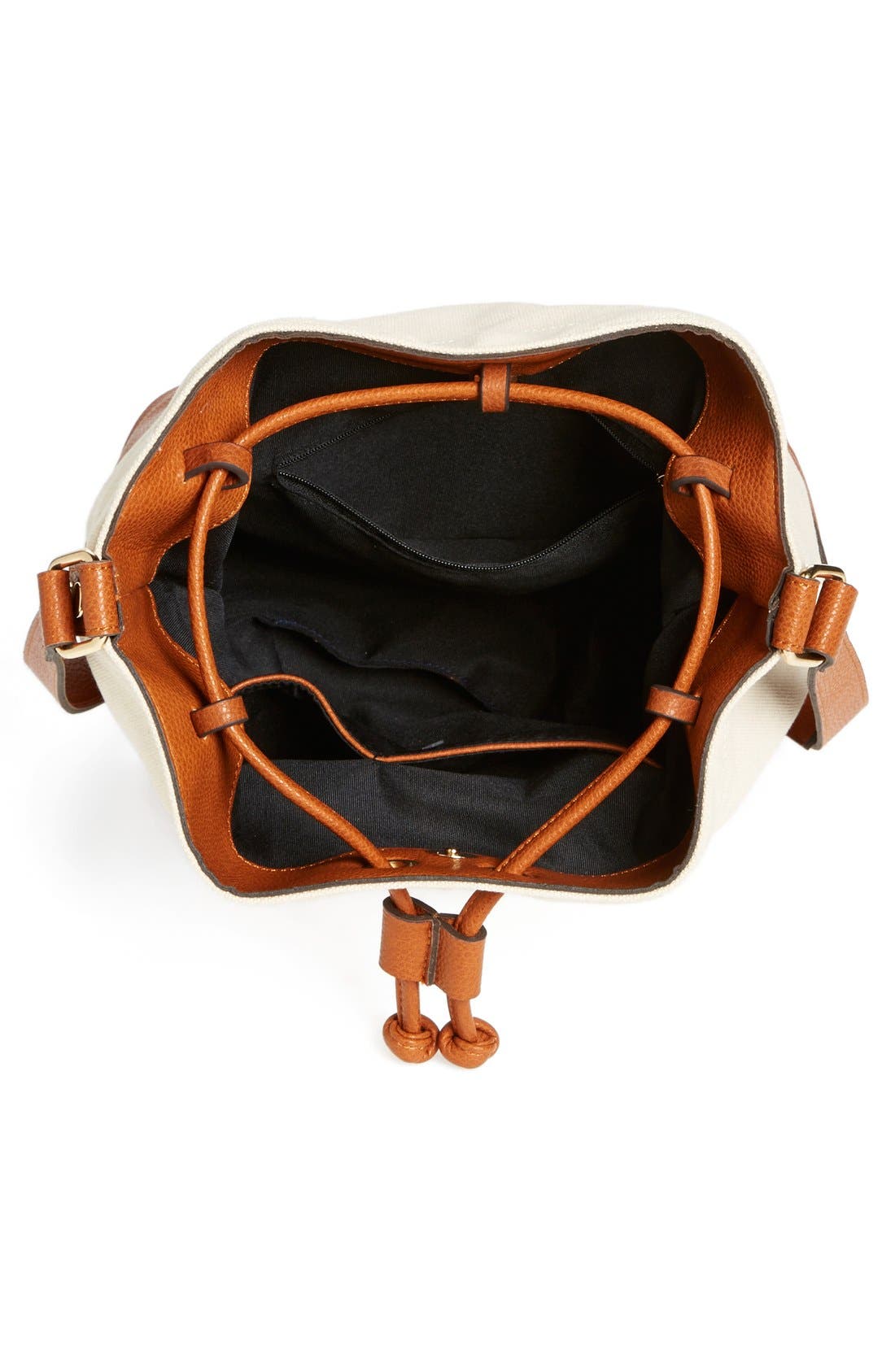 Canvas & Faux Leather Bucket Bag, Alternate, color, COGNAC