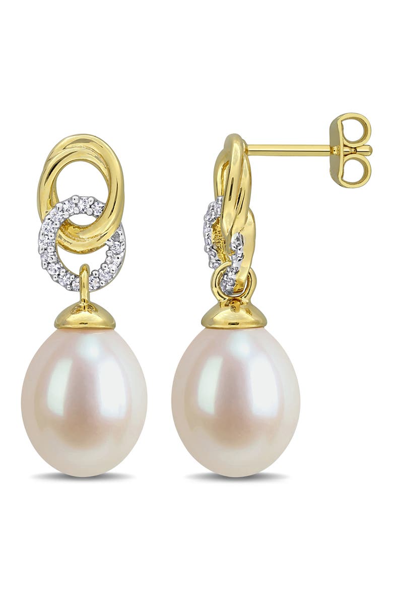 Lab Created White Sapphire and Cultured Pearl Drop Earrings, Main, color, WHITE GOLD