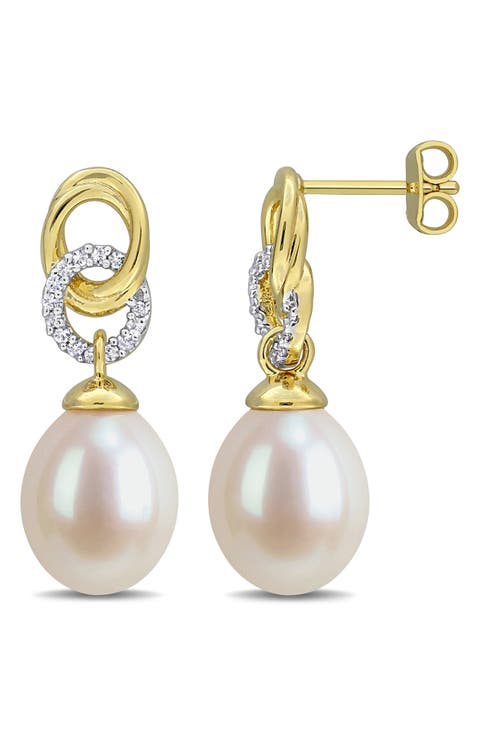 Lab Created White Sapphire and Cultured Pearl Drop Earrings