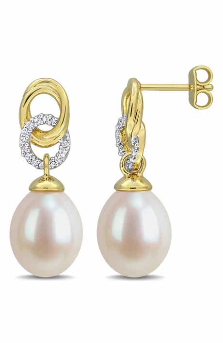 Lab Created White Sapphire and Cultured Pearl Drop Earrings