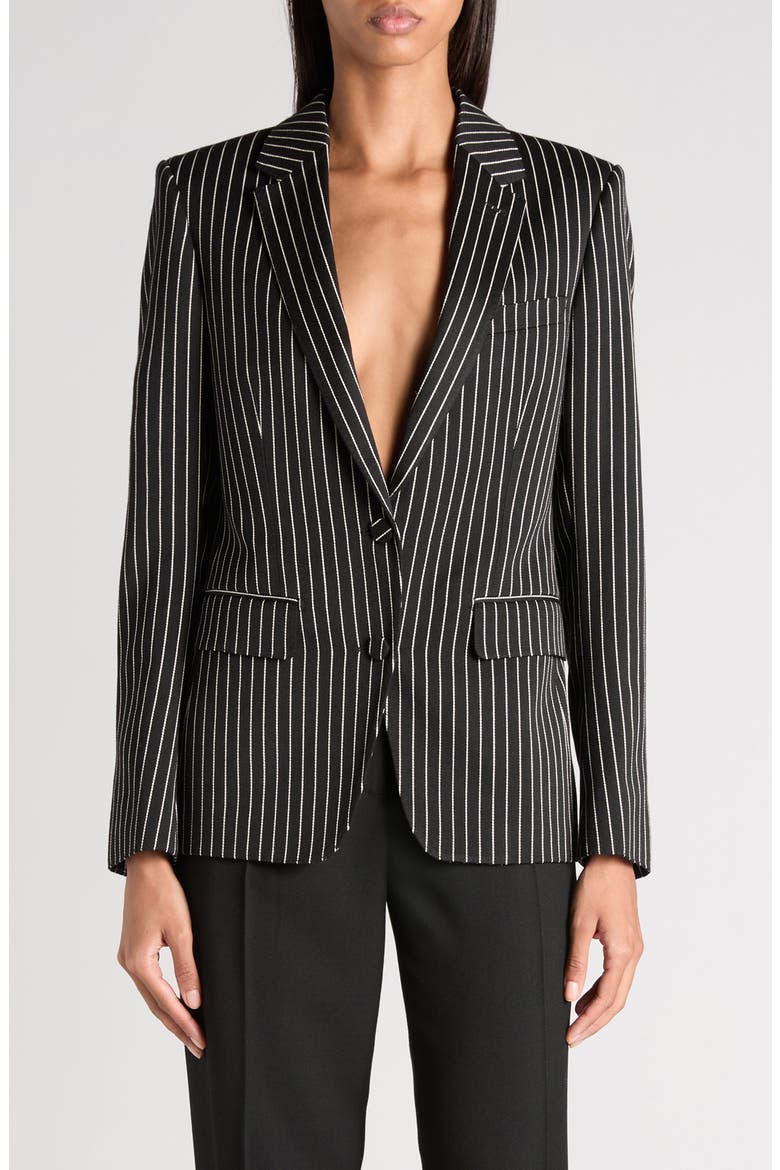 Pinstripe Wool Blend Barathea Jacket, Main, color, BLACK/ ECRU