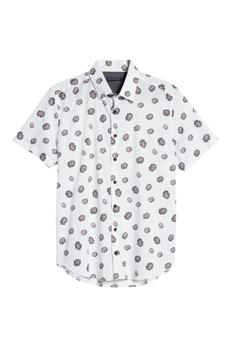 Floral Short Sleeve Stretch Button-Up Shirt, Alternate, color, WHITE