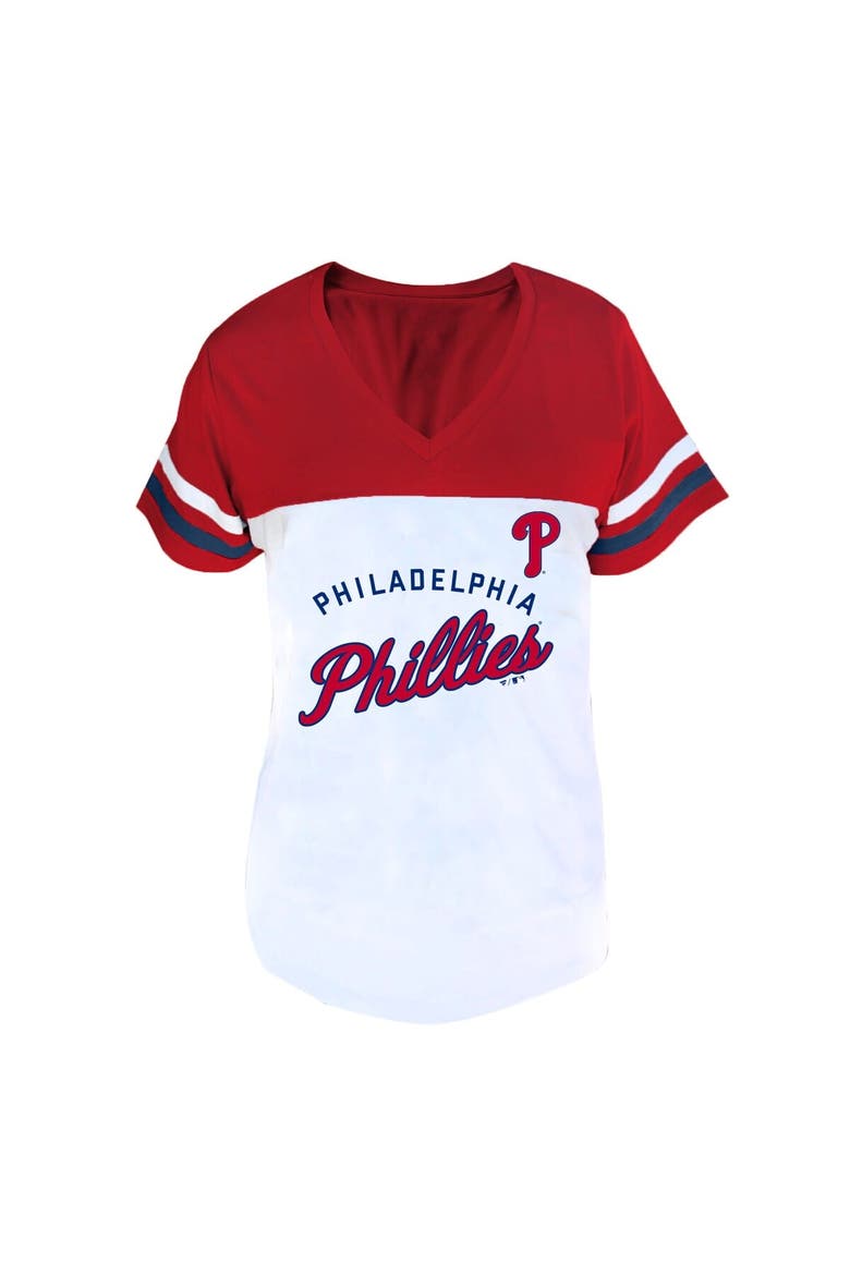 Women's Profile White/Red Philadelphia Phillies Plus Size Two-Stripe V-Neck T-Shirt, Main, color, White