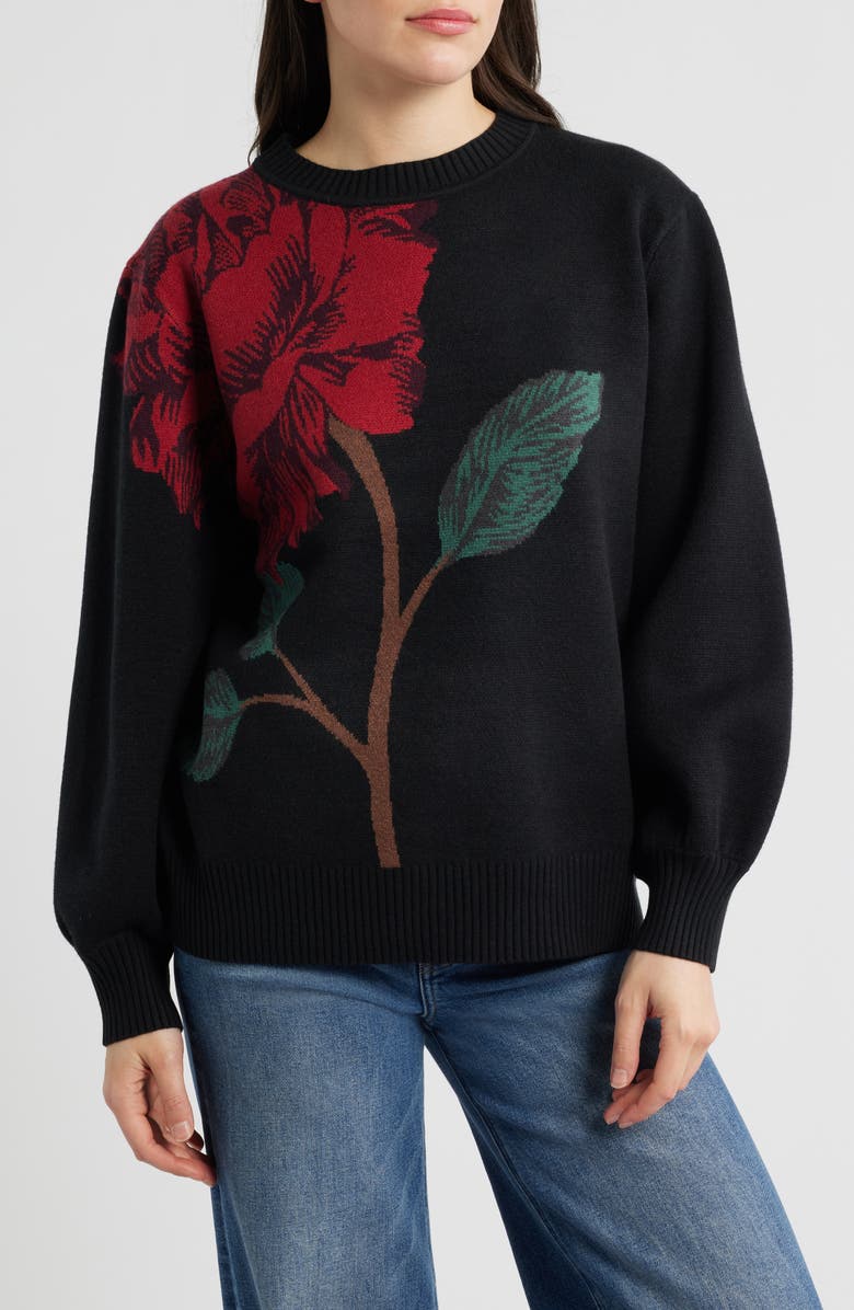 FARM Rio Rosalia Floral Jacquard Crewneck Sweater, Main, color, Rosalia Placed Black