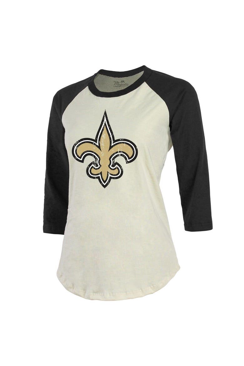 Women's Majestic Threads Tyrann Mathieu Cream/Black New Orleans Saints Name & Number Raglan 3/4 Sleeve T-Shirt, Alternate, color, Cream