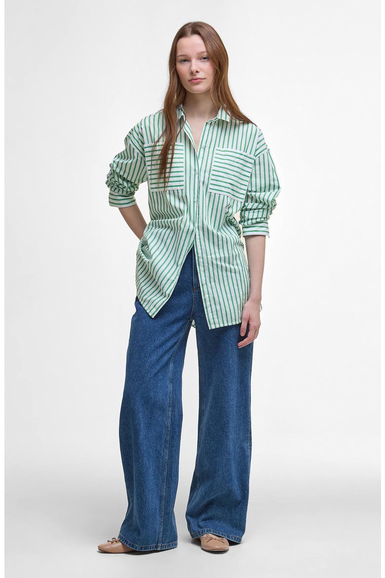 Nicola Stripe Cotton Button-Up Tunic, Alternate, color, WHITE/ KELLY GREEN