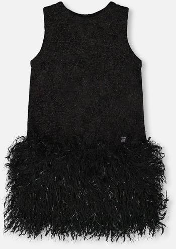 Sleeveless Bi-Material Lurex Dress with Feathers
