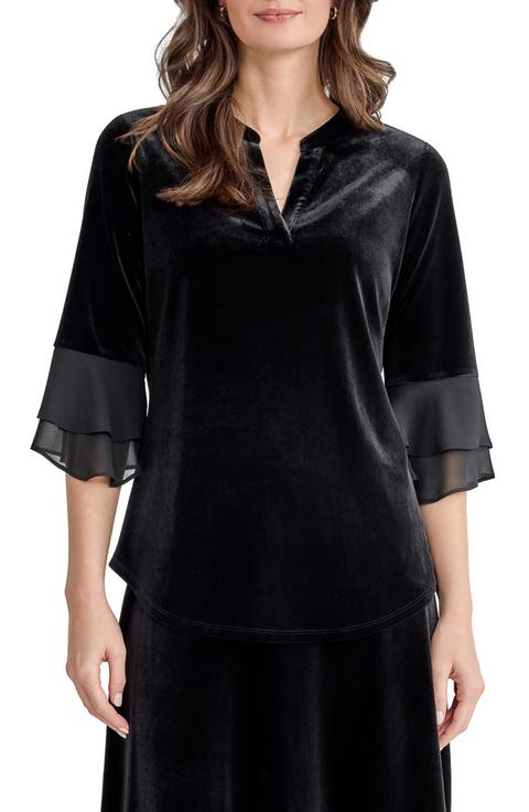 Split Neck Velvet Tunic with Flutter Sleeves
