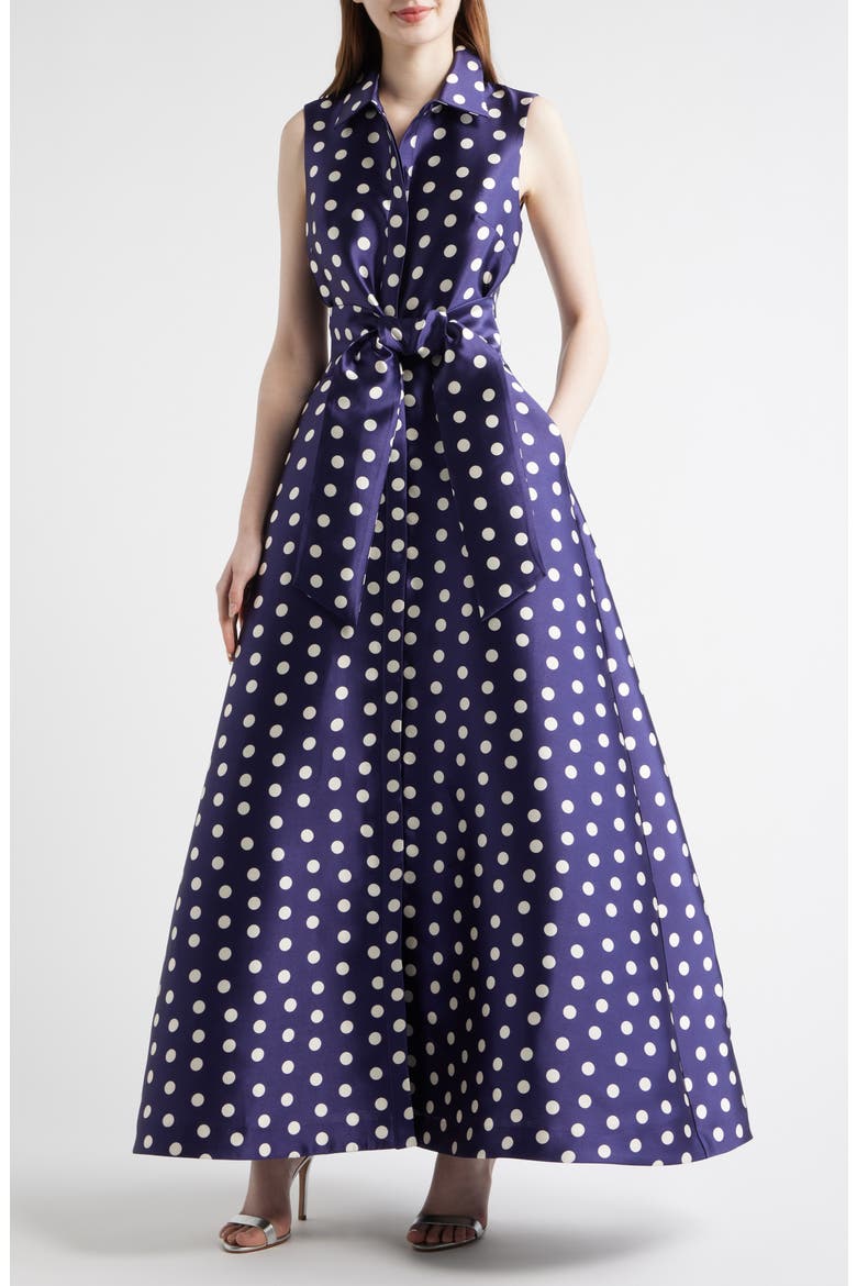 Dot Sleeveless Gown, Main, color, NAVY MULTI