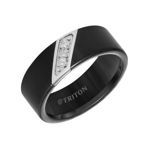 8mm Black Tungsten Carbide Ring with Diagonal Set Diamonds and Satin Finish with Flat Edge