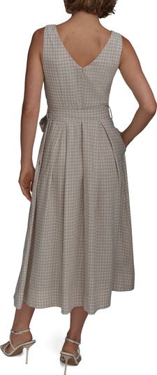 Donna Karan New York Gingham Linen Blend Faux-Wrap Midi
