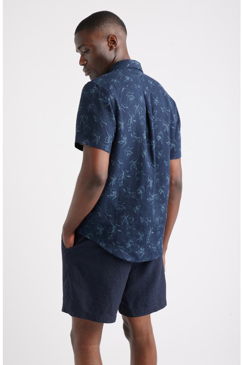 Leaf Print Short Sleeve Linen Button-Up Shirt, Alternate, color, NAVY WASHED LEAVES