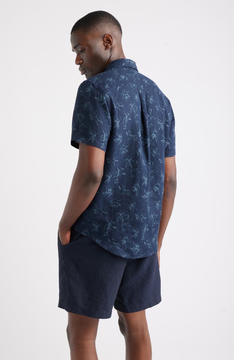 Nordstrom Leaf Print Short Sleeve Linen Button-Up Shirt, Alternate, color, Navy Washed Leaves