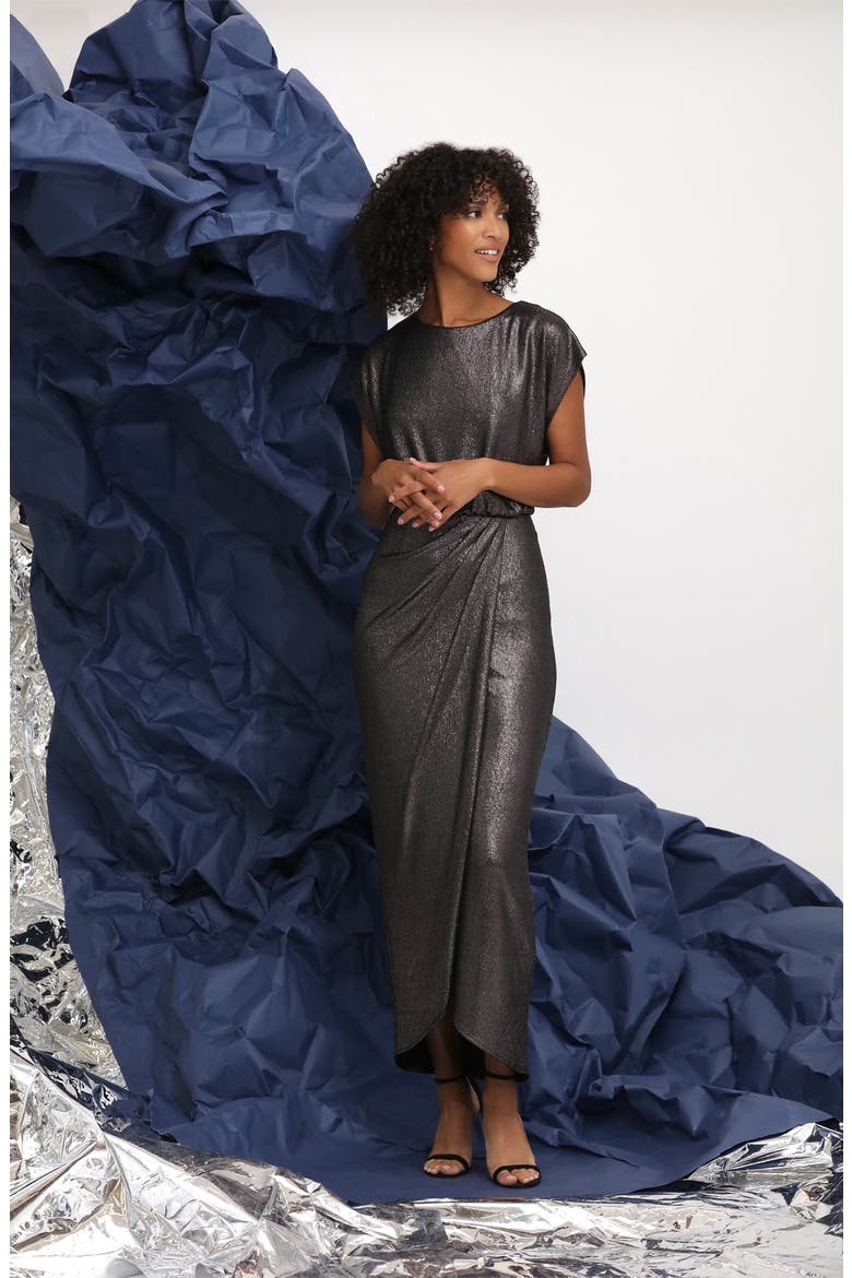 Metallic Cap Sleeve Dress, Alternate, color, GUNMETAL