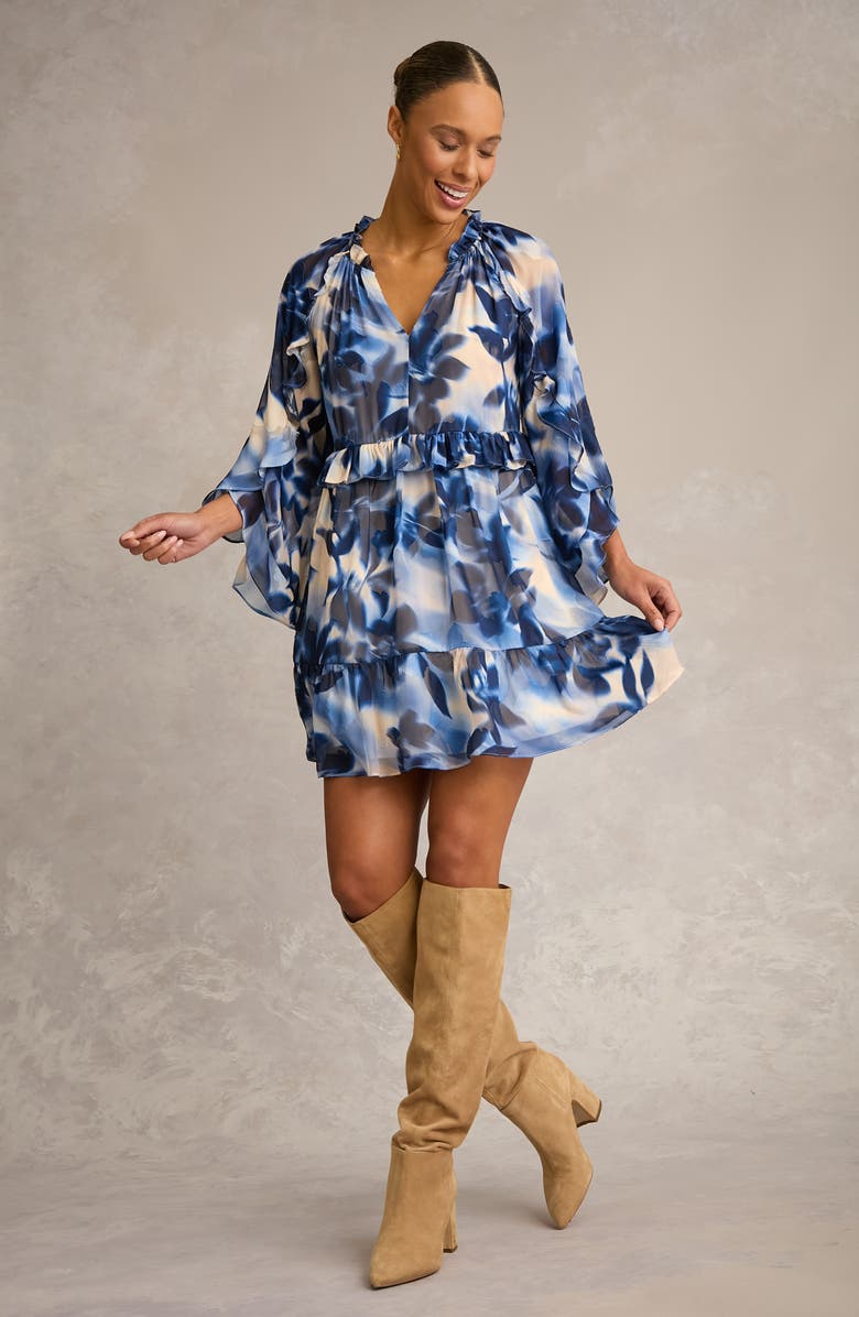 London Times Ruffle Bell Sleeve Chiffon Minidress, Alternate, color, Cream/ Blue